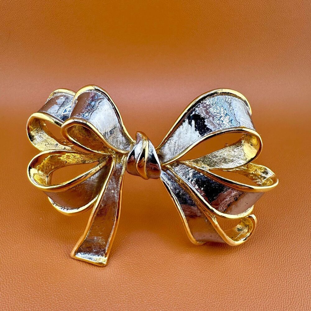 Vintage Bow Brooch Pin Large Gold Silver Tone Statement Ribbon Two Tone 3"
